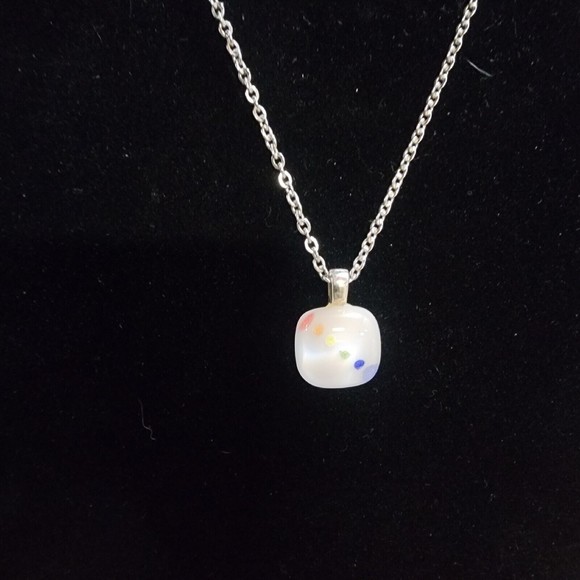 Artesian Made Silver Tone Dainty Chain Square White Pendant W/Multi Color Dots - Picture 1 of 9